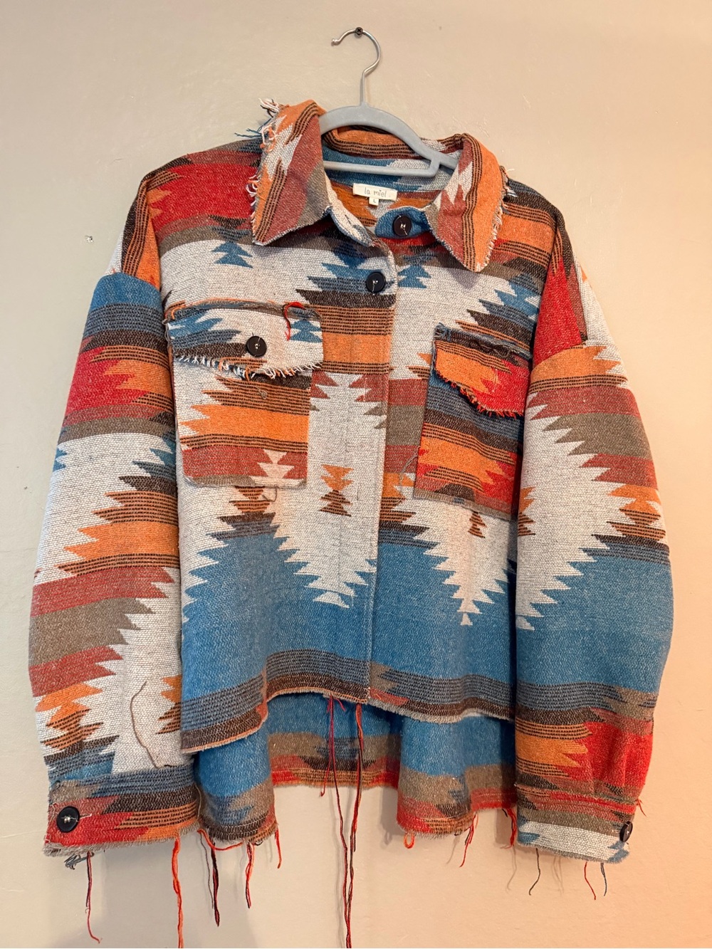 LA MIEL Aztec-Pattern Utility Shacket in Rust, Blue & Cream